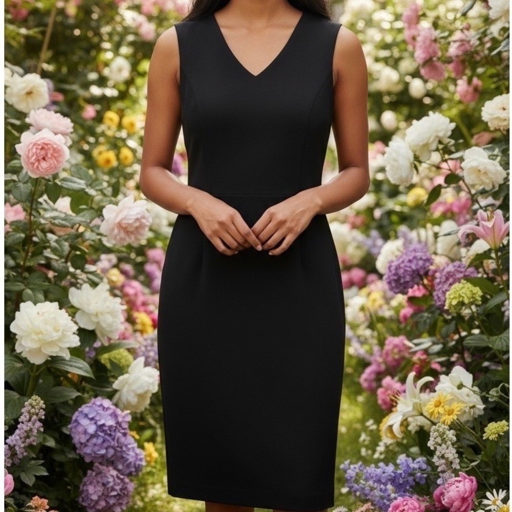 Ann Taylor Black Sleeveless V-Neck Midi Sheath Dress